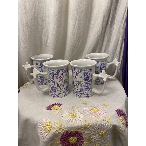 Set of 4 Mugs / Cups, Coffee / Tea, Floral pattern with 3-D Butterfly on handles - Picture 2 of 12